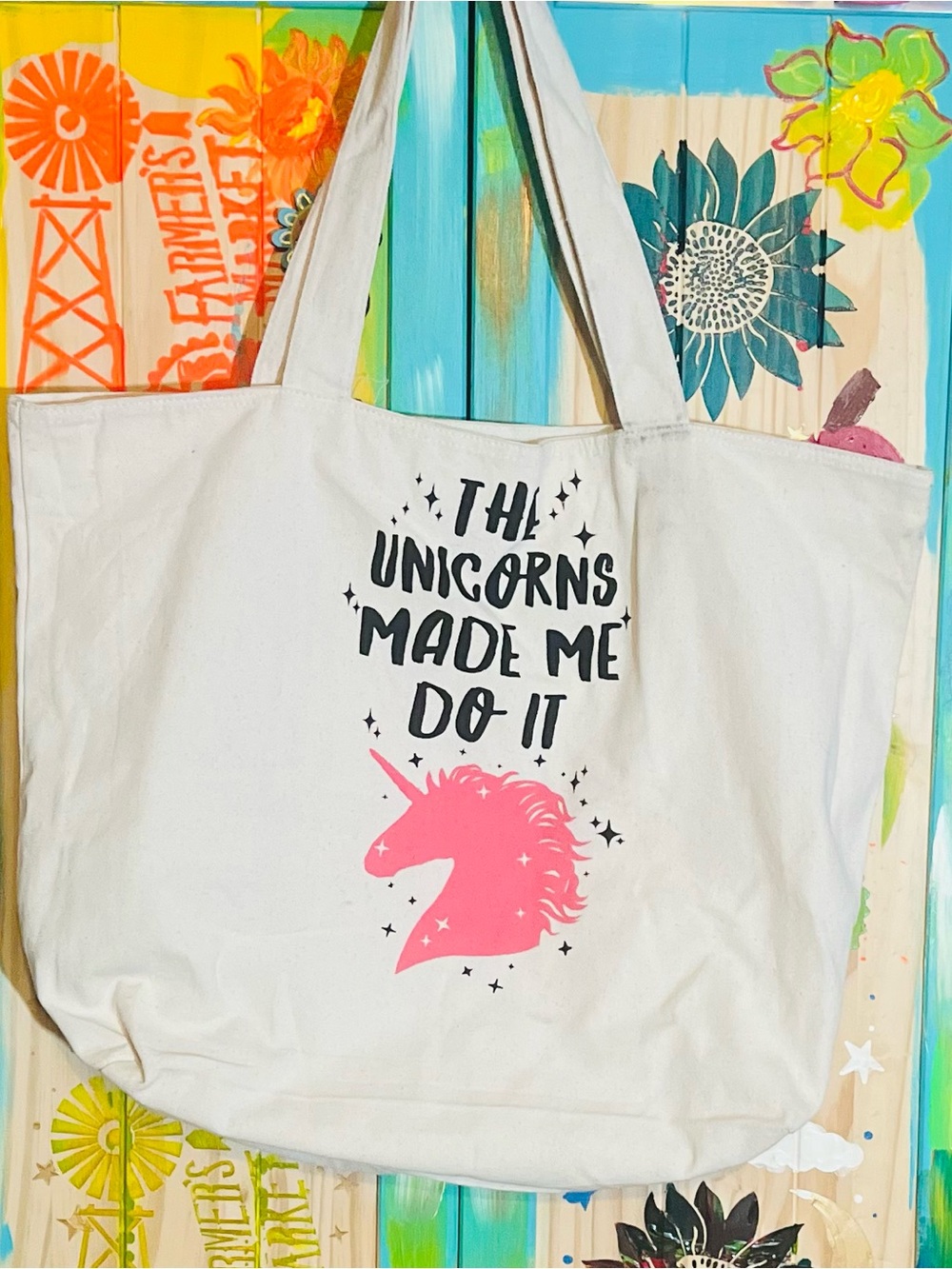 Canvas Tote Bag | Unicorn Graphic | Fun Everyday Carryall| Cream